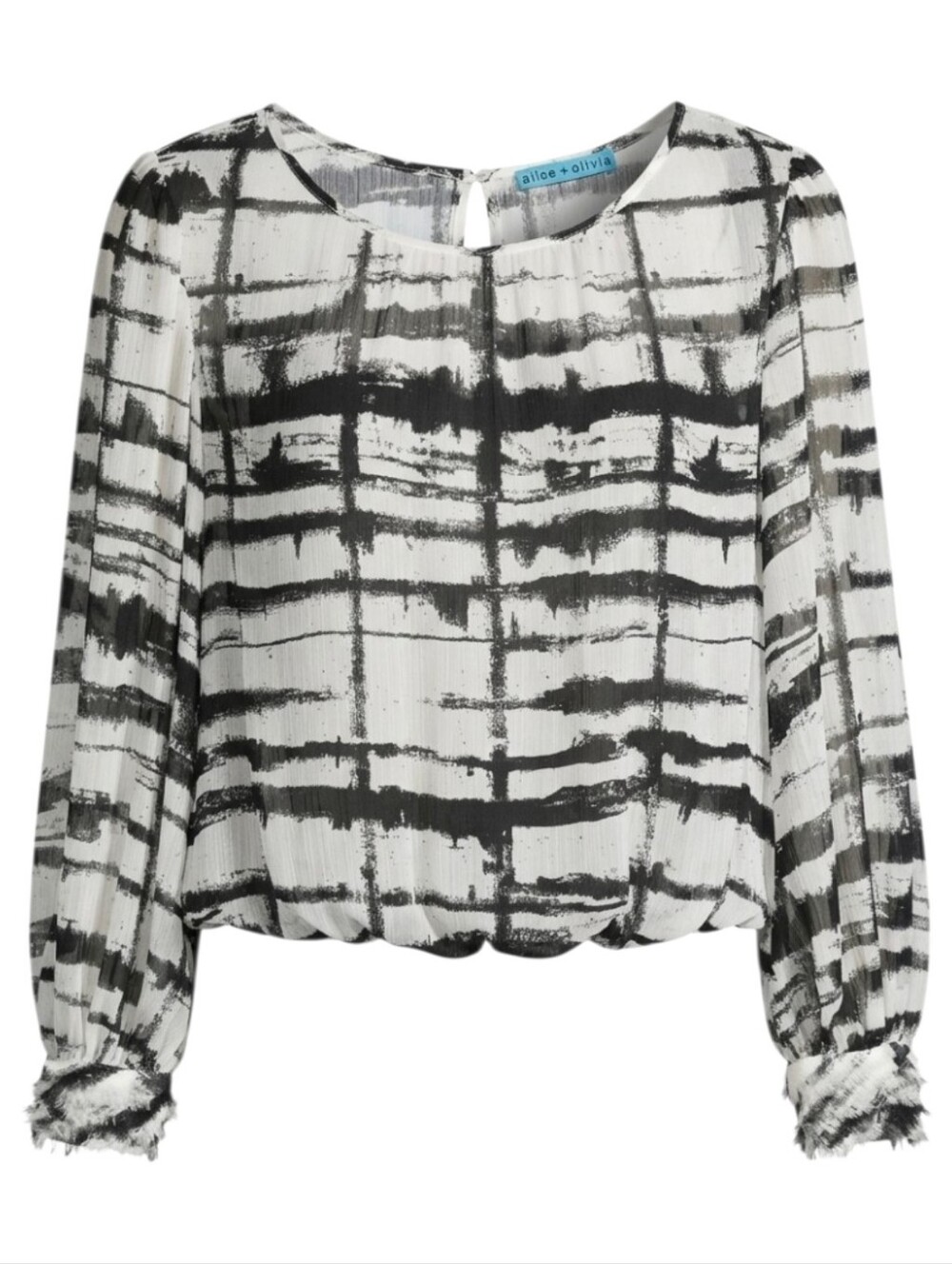 Alice + Olivia Black White Brushstroke Sheer Blouse Fringe Cuff Cami Lined Sz.XS